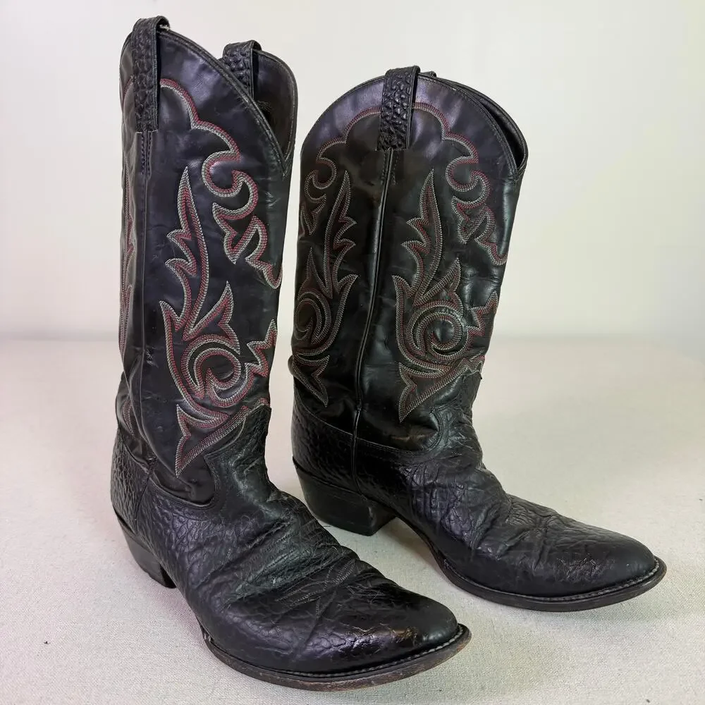 Vintage Diamond J By Justin Cowboy Boots Mens 10.5D Black Leather Red Stitch